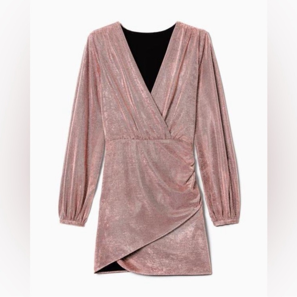 Ramy Brook Pink Mini Dress with Long Bishop Sleeves and Asymmetrical Hem